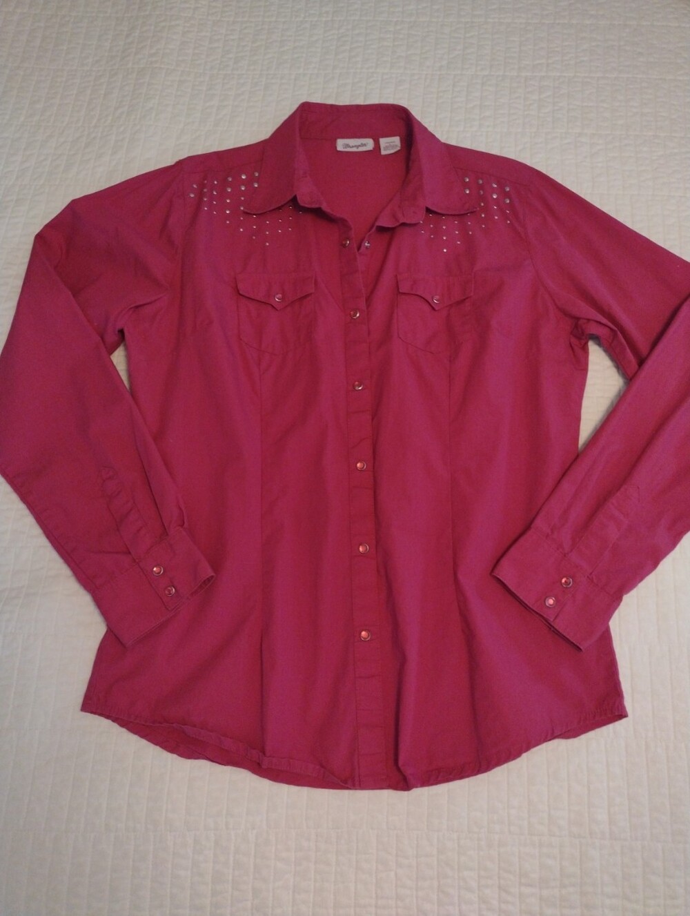 Wrangler Women's L Western Snap Shirt Pink Rhinestone Snaps Studs Pockets